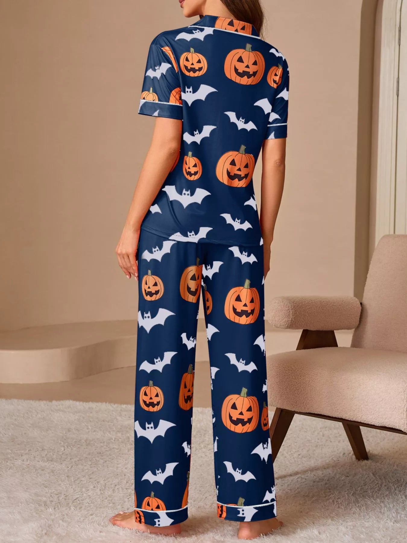 Trendsi Halloween Pumpkin and Bat Print Button-Down Top and Pants Lounge Set -