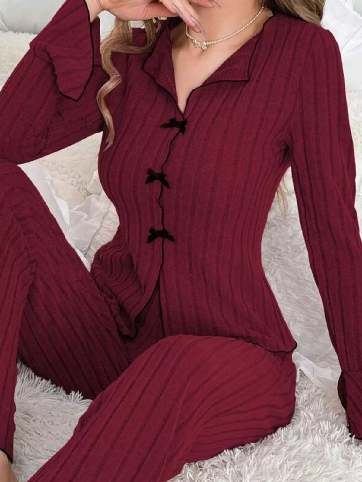 Women's Contrast Bow Detail Top and Pants Lounge Set in Wine Red, alternate view