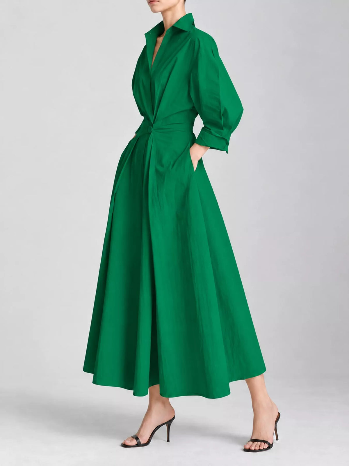 Collared Three-Quarter Sleeve Midi Shirt Dress — side view