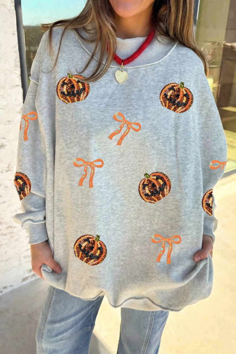 Women's light gray sequin pumpkin bow Halloween sweatshirt