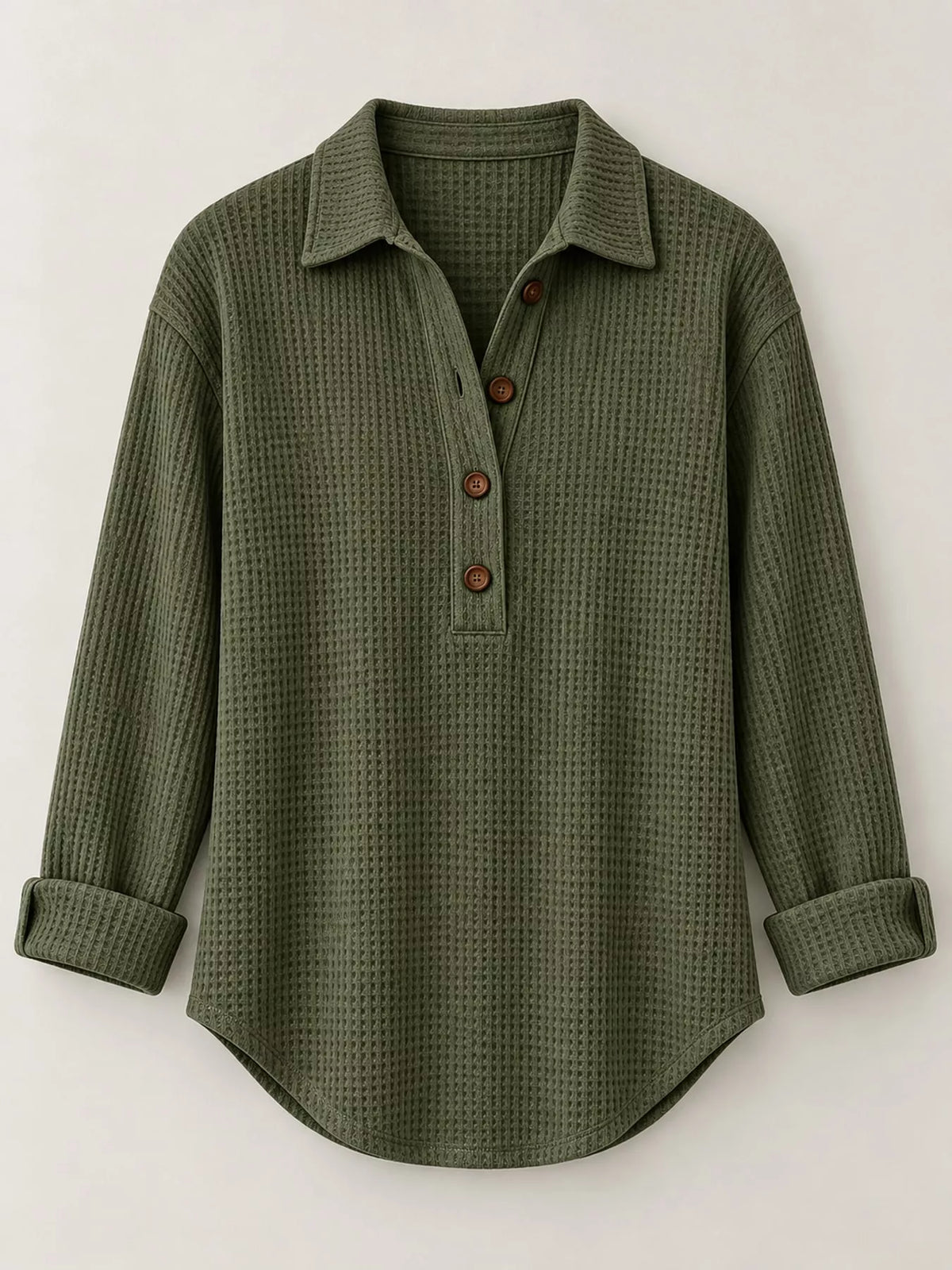 Green waffle knit long sleeve polo top, front view