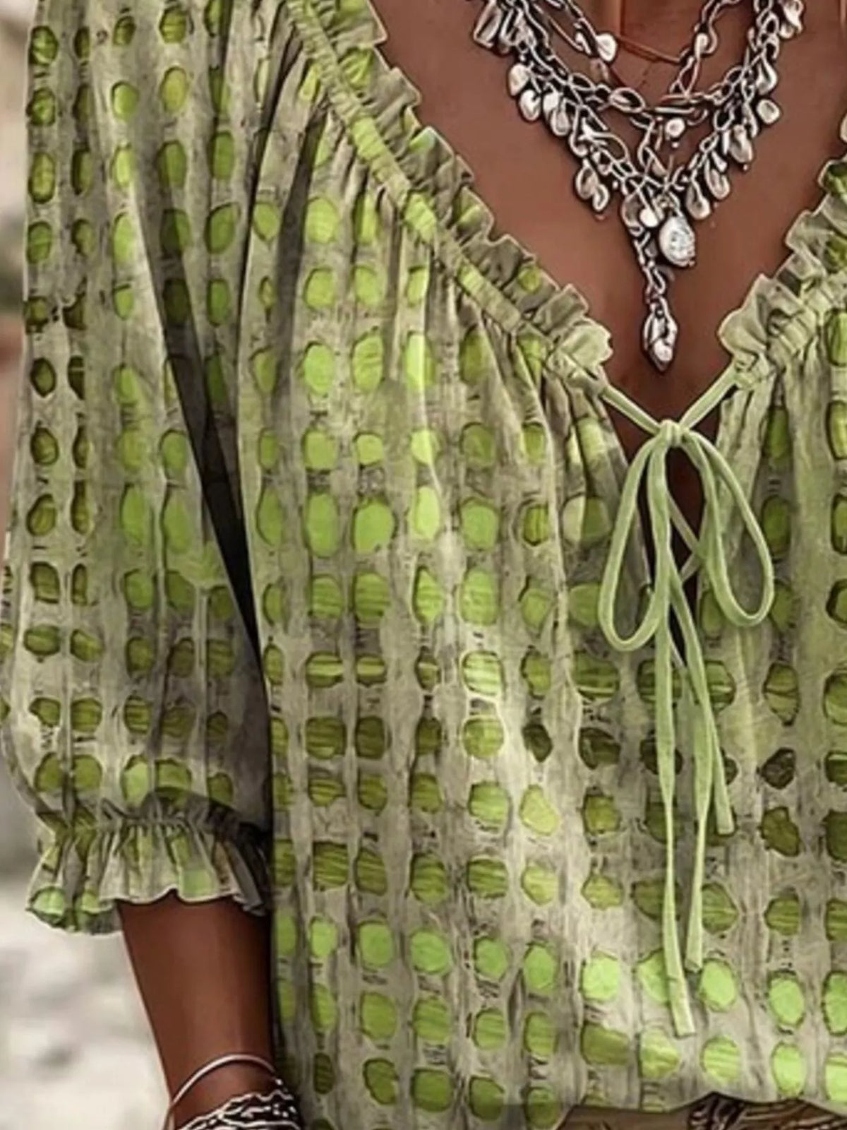 Sage Tie Neck 3/4 Sleeve Blouse back view