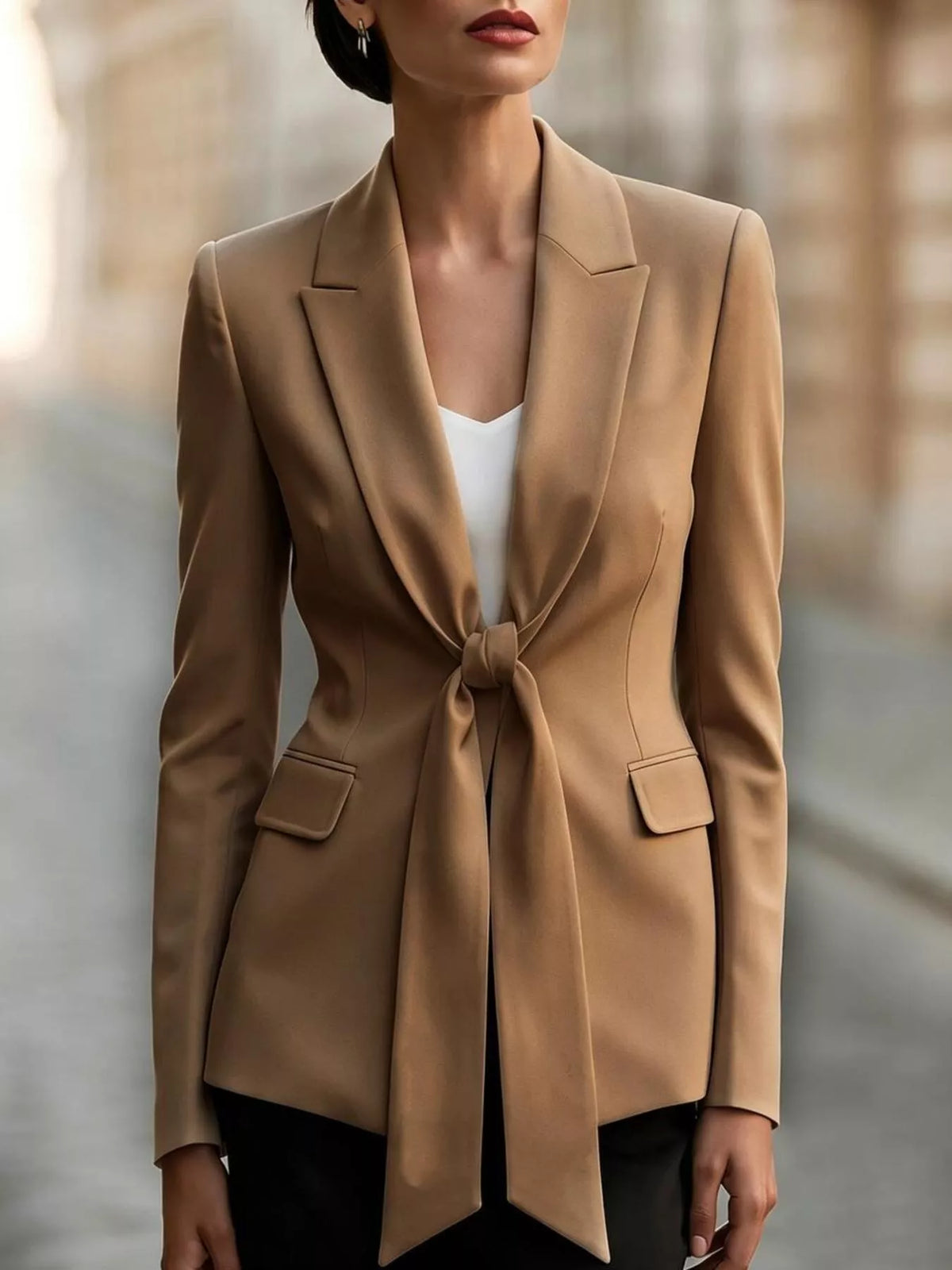 Tie-front lapel collar blazer in brown, front view