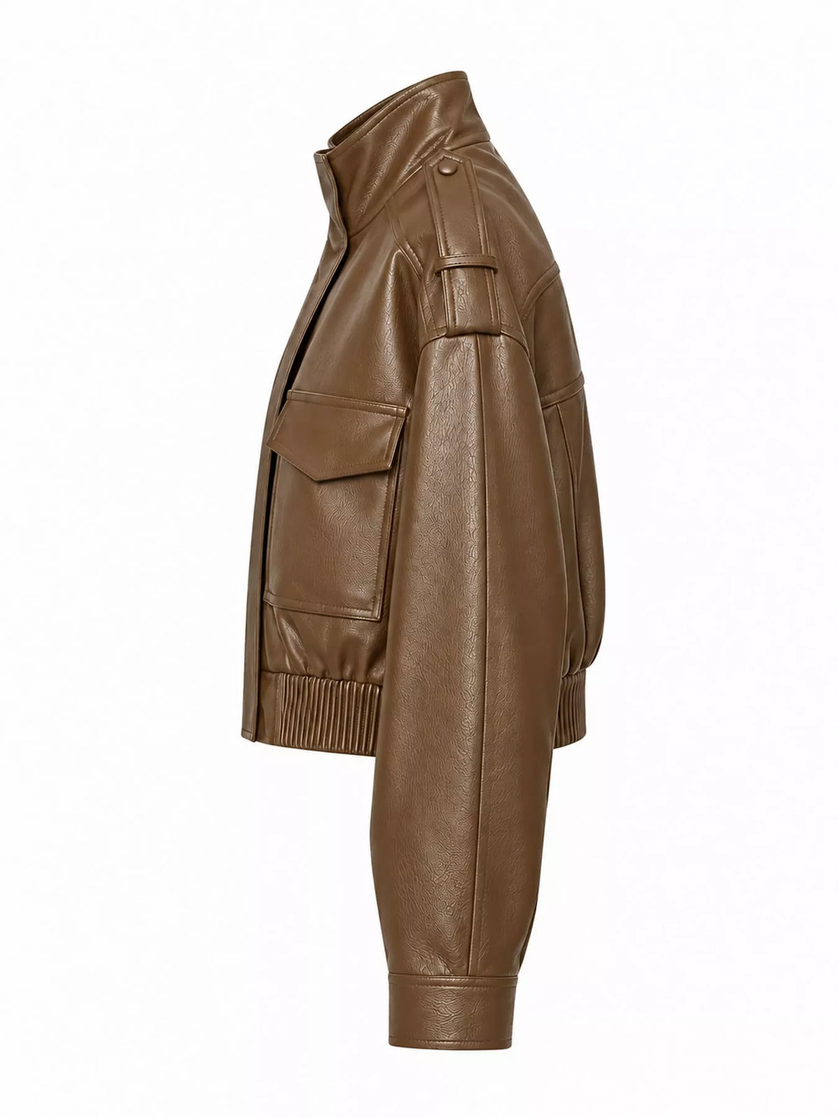 Brown faux leather cropped bomber jacket — side view