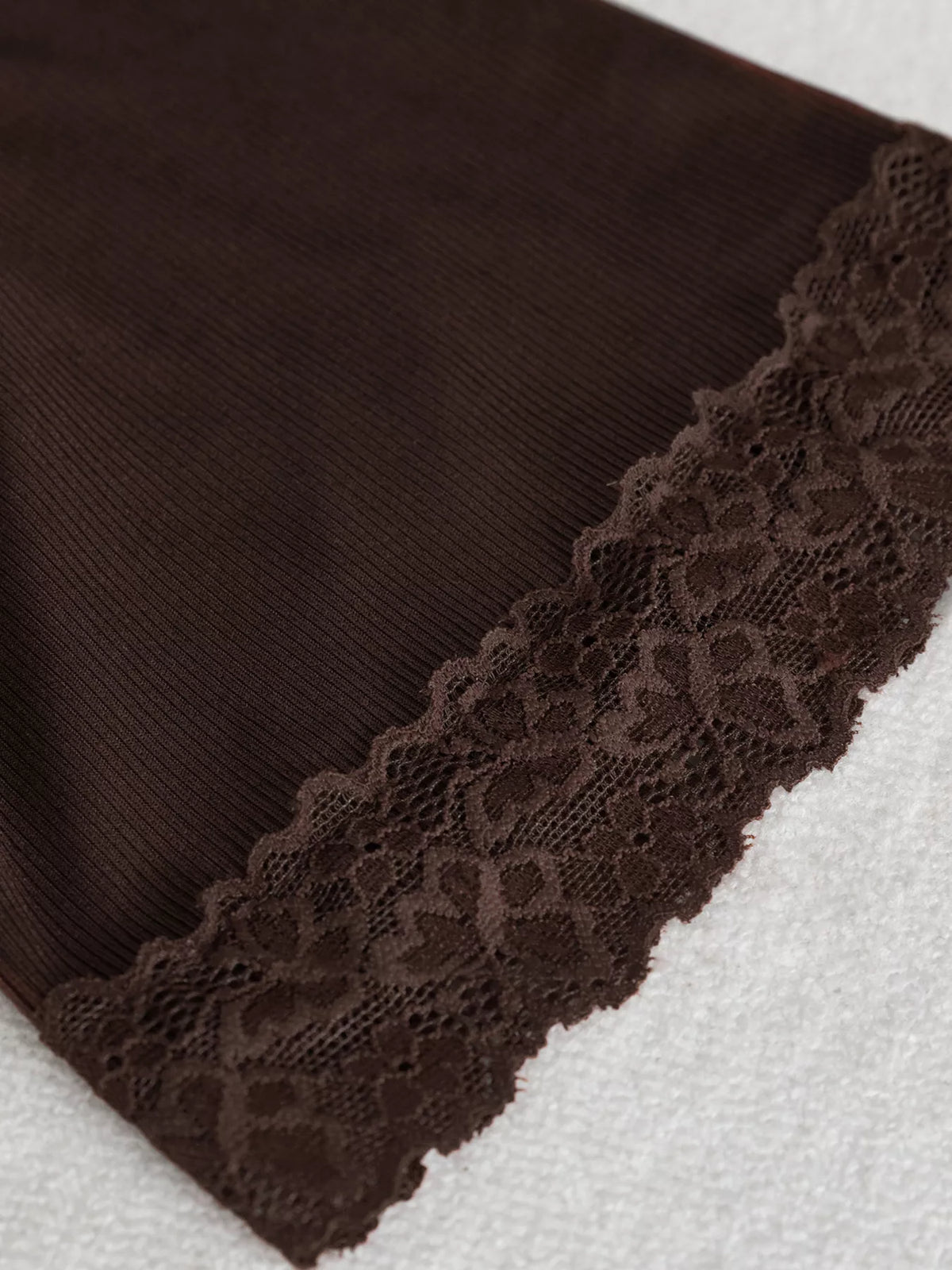 Women's Lace Trim Flare Sleeve Blouse in brown — lace detail view
