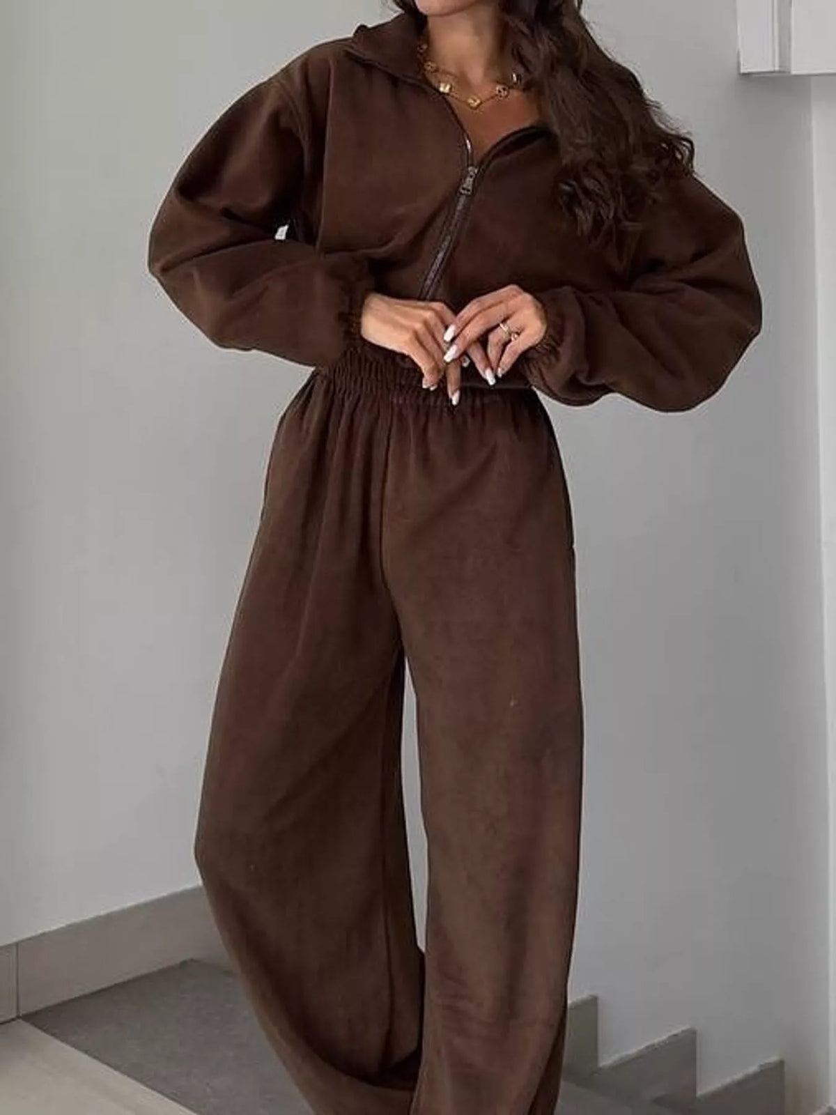 Zip Front Long Sleeve Jumpsuit — front view