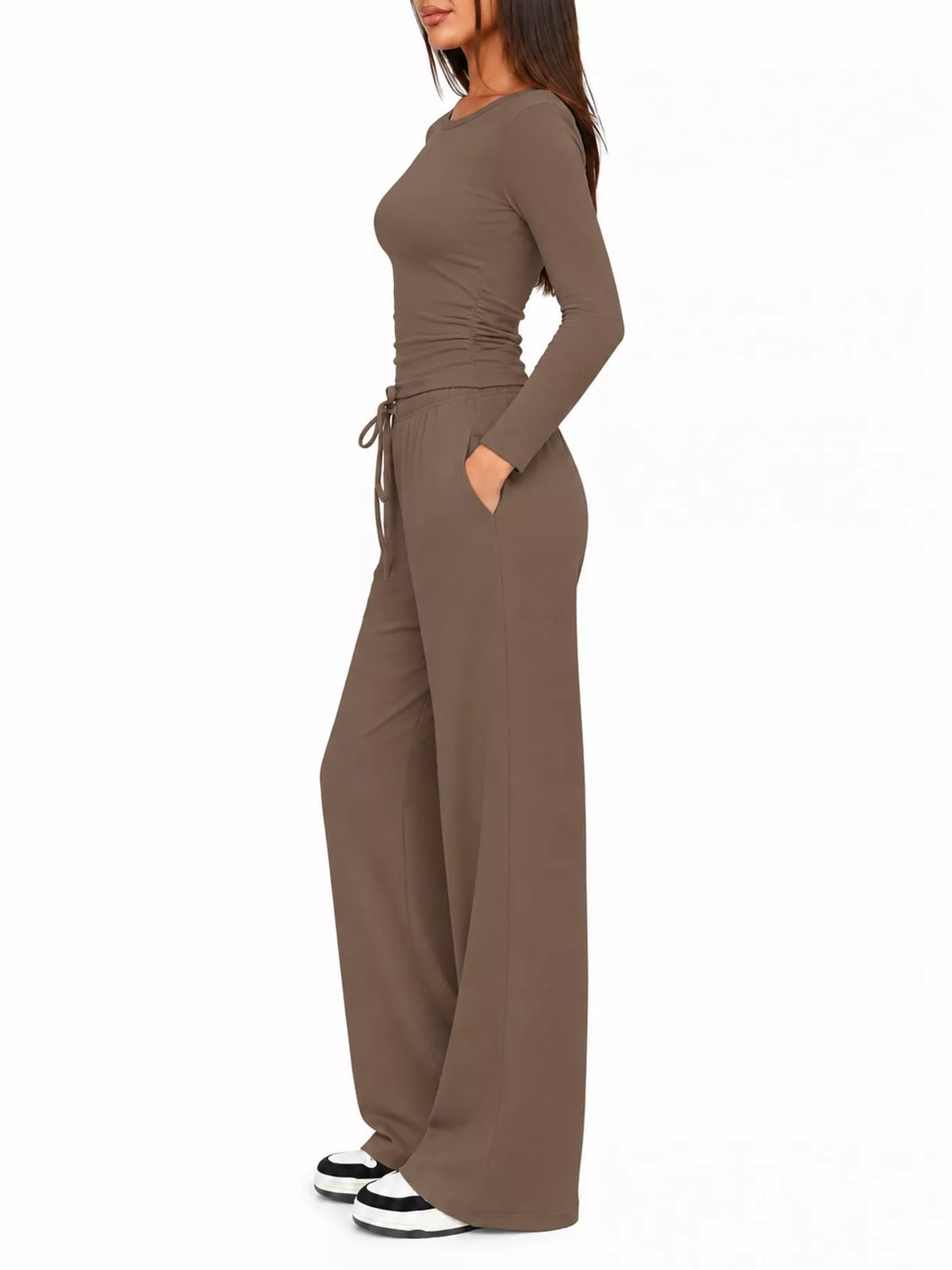 Long Sleeve Top and Wide-Leg Drawstring Pants Set — side view