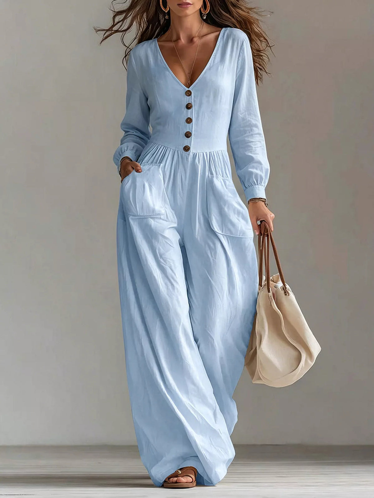 Trendsi V-Neck Long Sleeve Button Front Wide-Leg Jumpsuit -