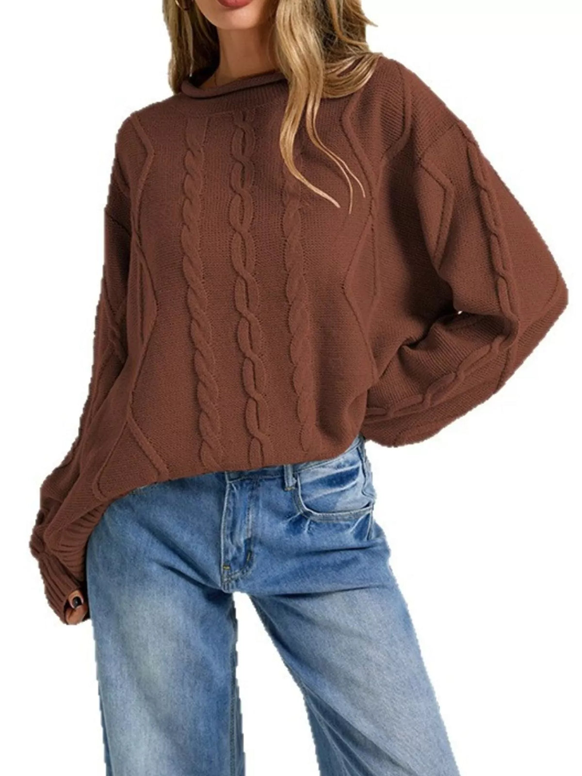 Trendsi Cable Knit Ribbed Hem Sweater -
