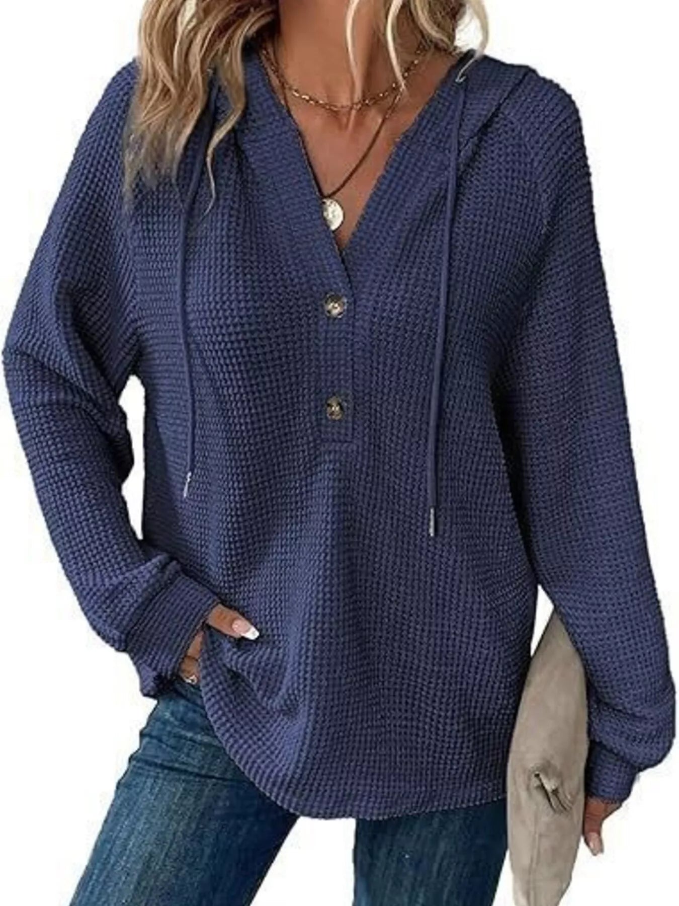 Trendsi Full Size Waffle Knit Half-Button Hoodie Plus Size -