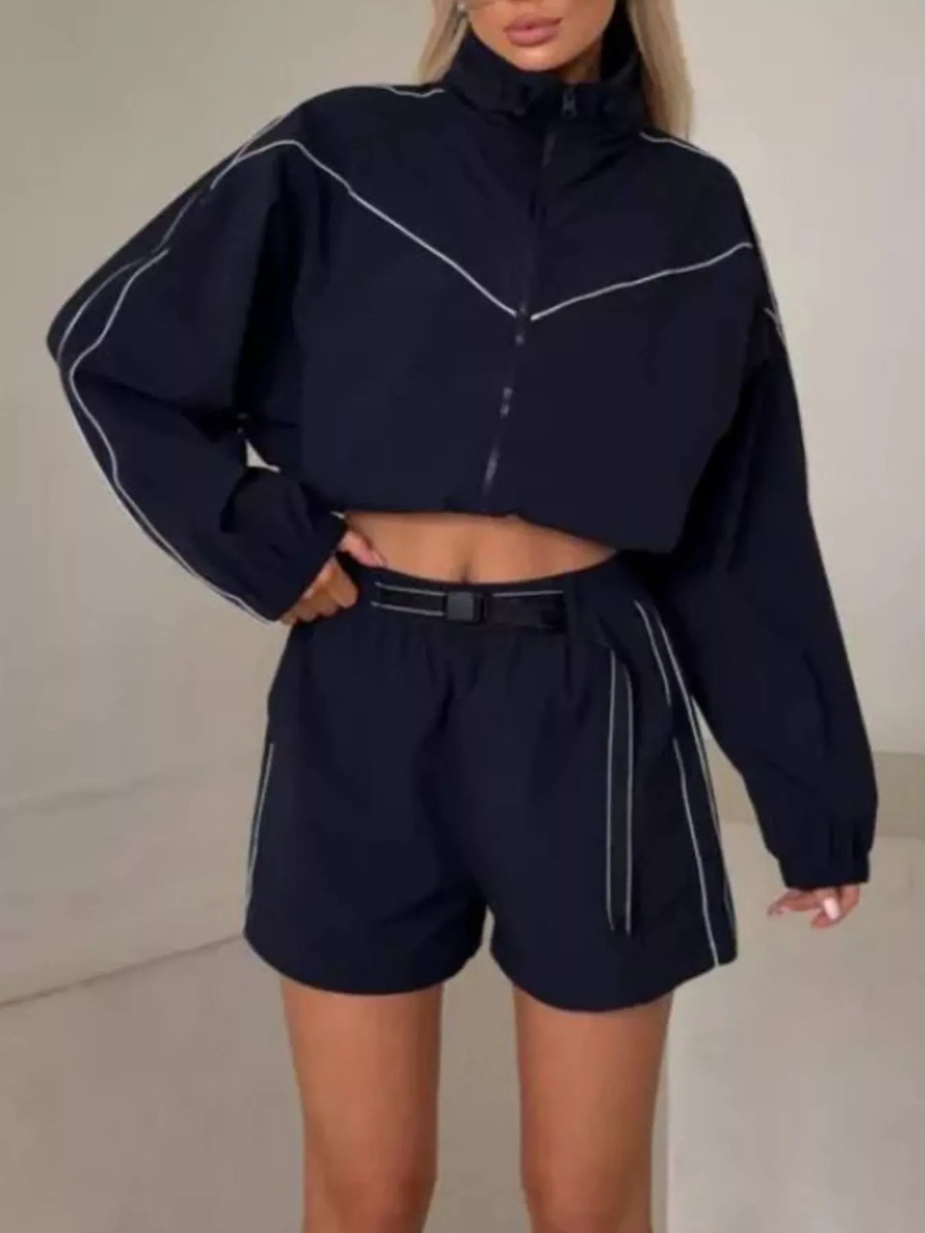 Trendsi Drawstring Zip-Up Jacket and Shorts Set -
