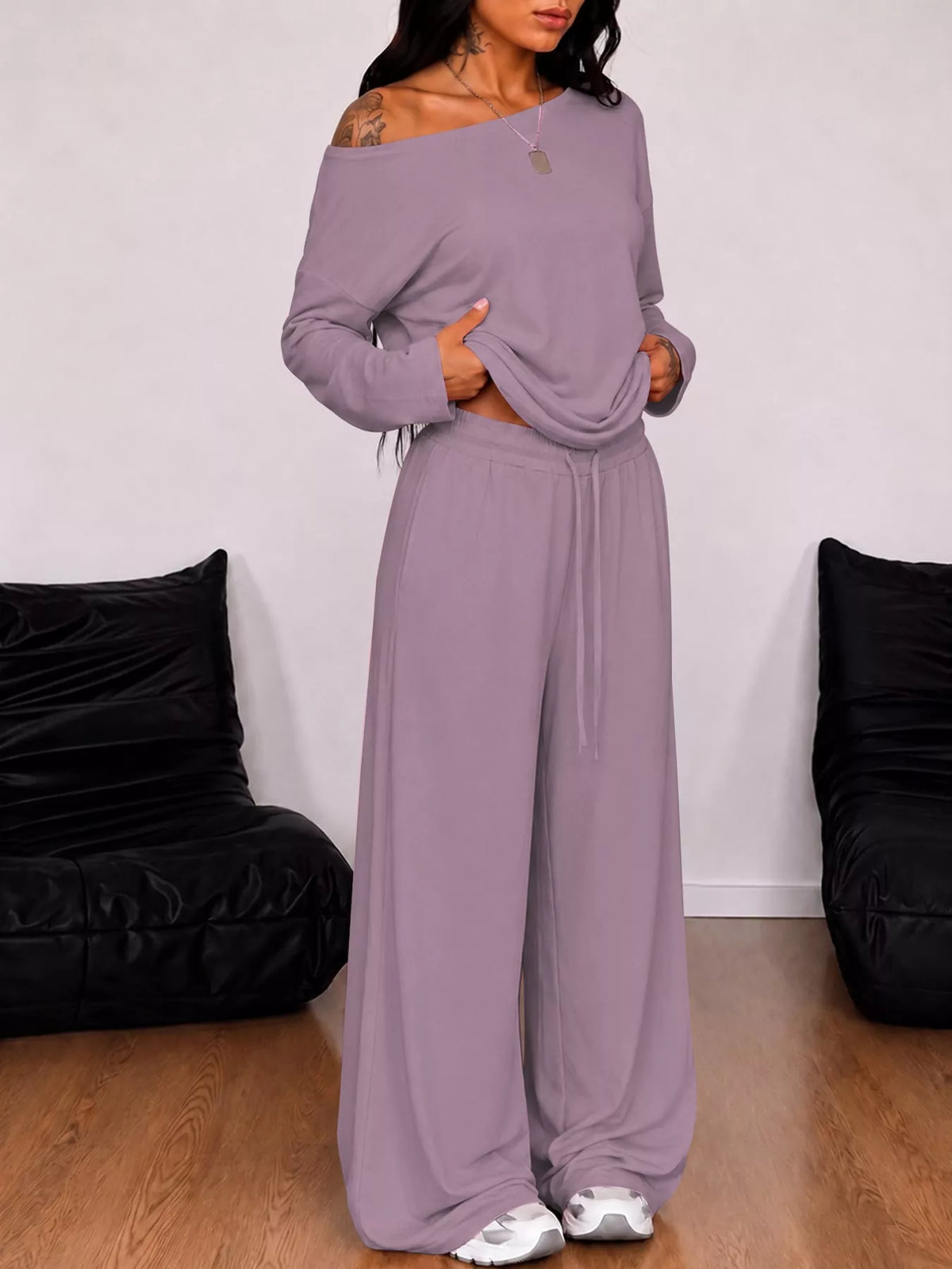 Off-Shoulder Striped Long Sleeve Top and Wide Leg Pants Set in grape purple