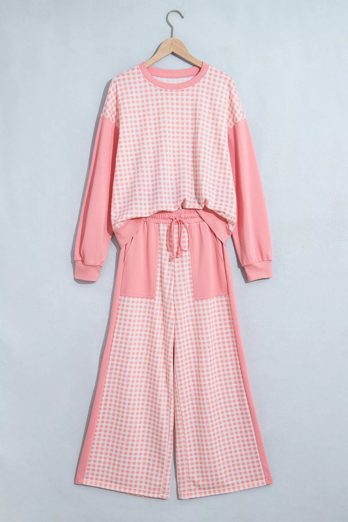 Burnt Coral Plaid-Patchwork Pullover & Wide-Leg Pants Set front flat lay
