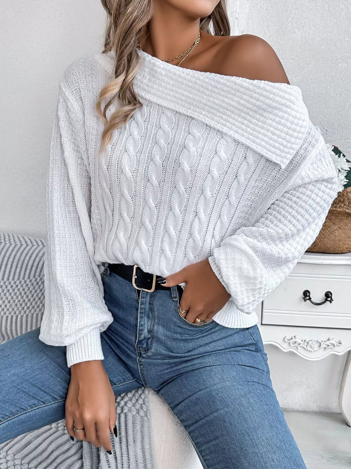 One Shoulder Cable Knit Sweater in white, front view