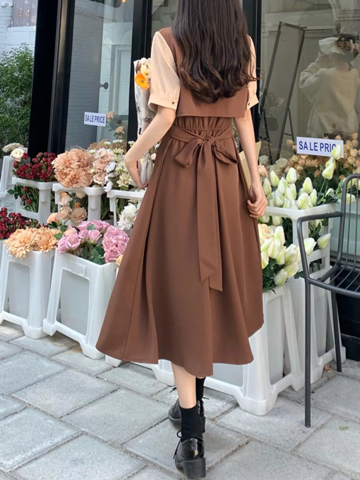 Women's Contrast Short Sleeve Pleated Midi Dress in brown — back view