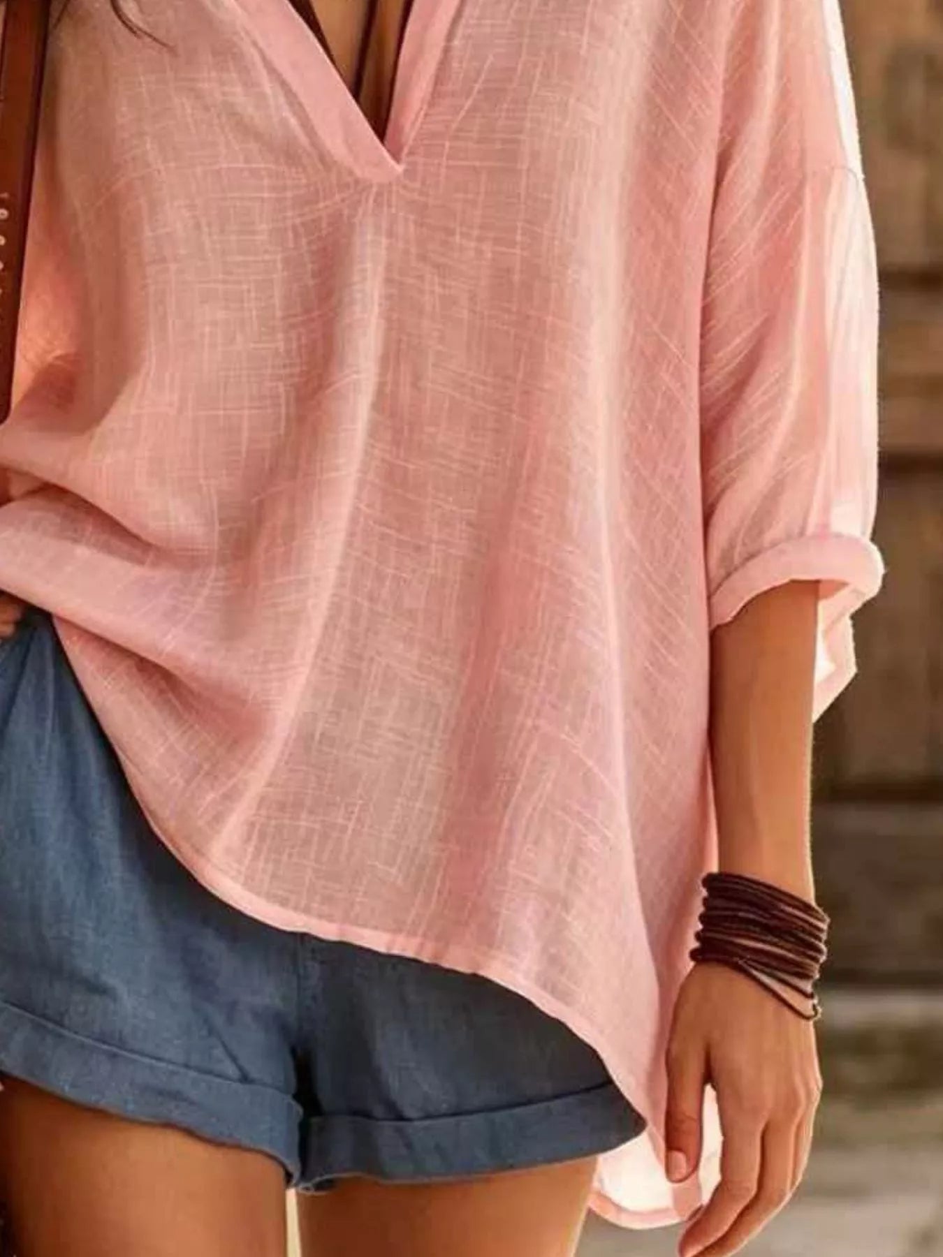 Trendsi Full Size V-Neck Loose Fit Linen Blend Blouse Plus Size -