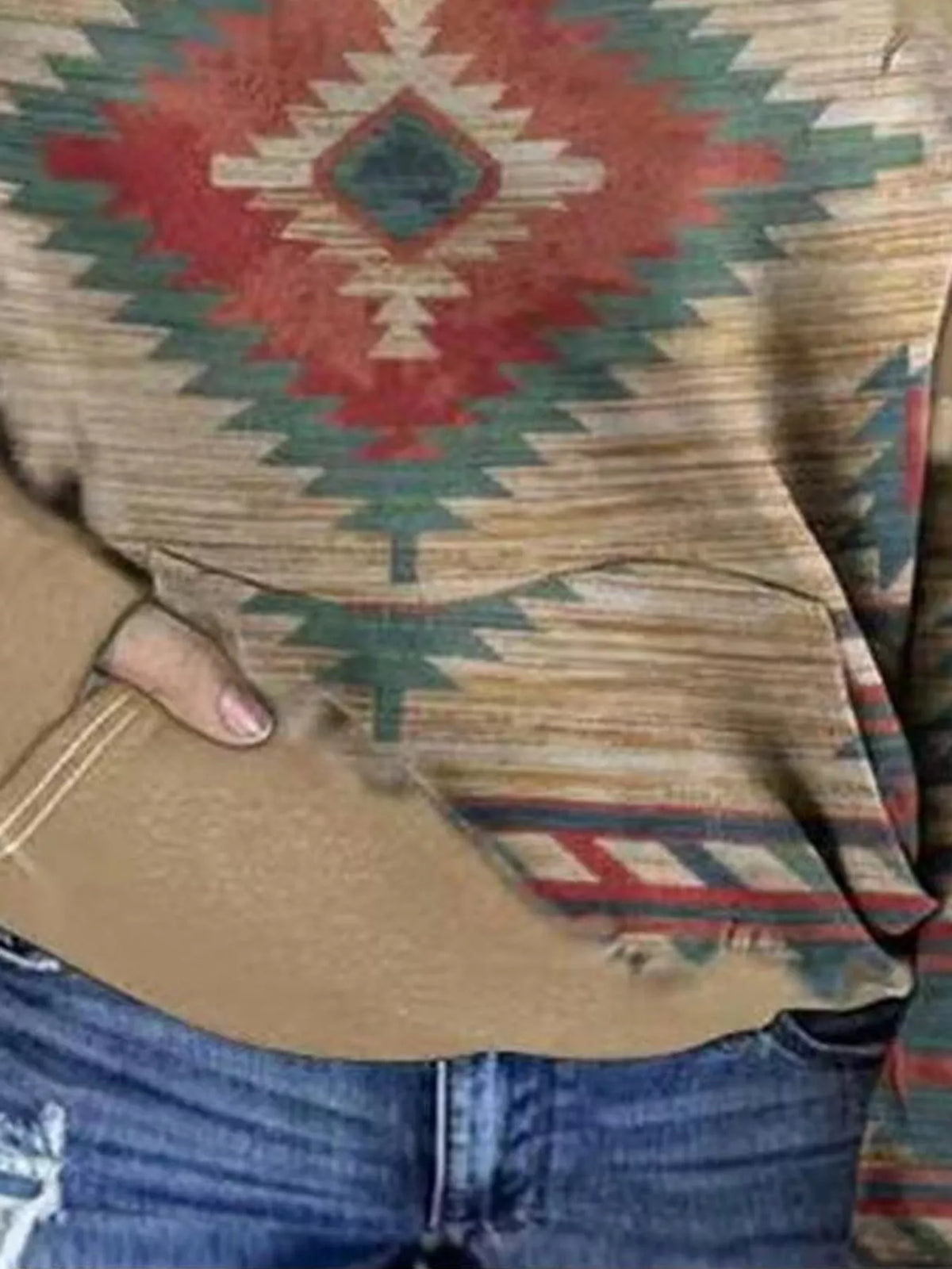 Aztec-print hoodie, beige pocket detail