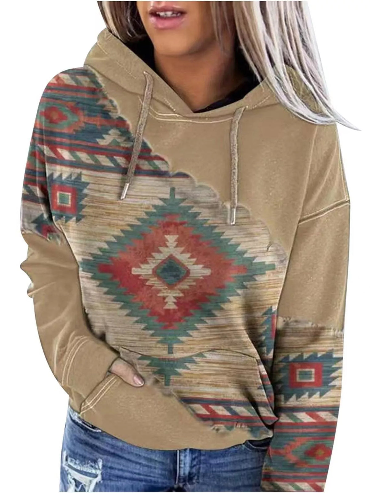 Aztec-print hoodie, beige front