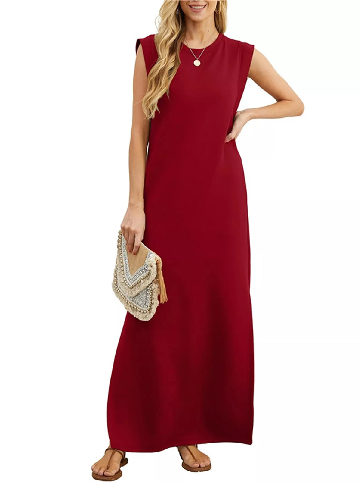 Round neck sleeveless maxi dress, front view on model