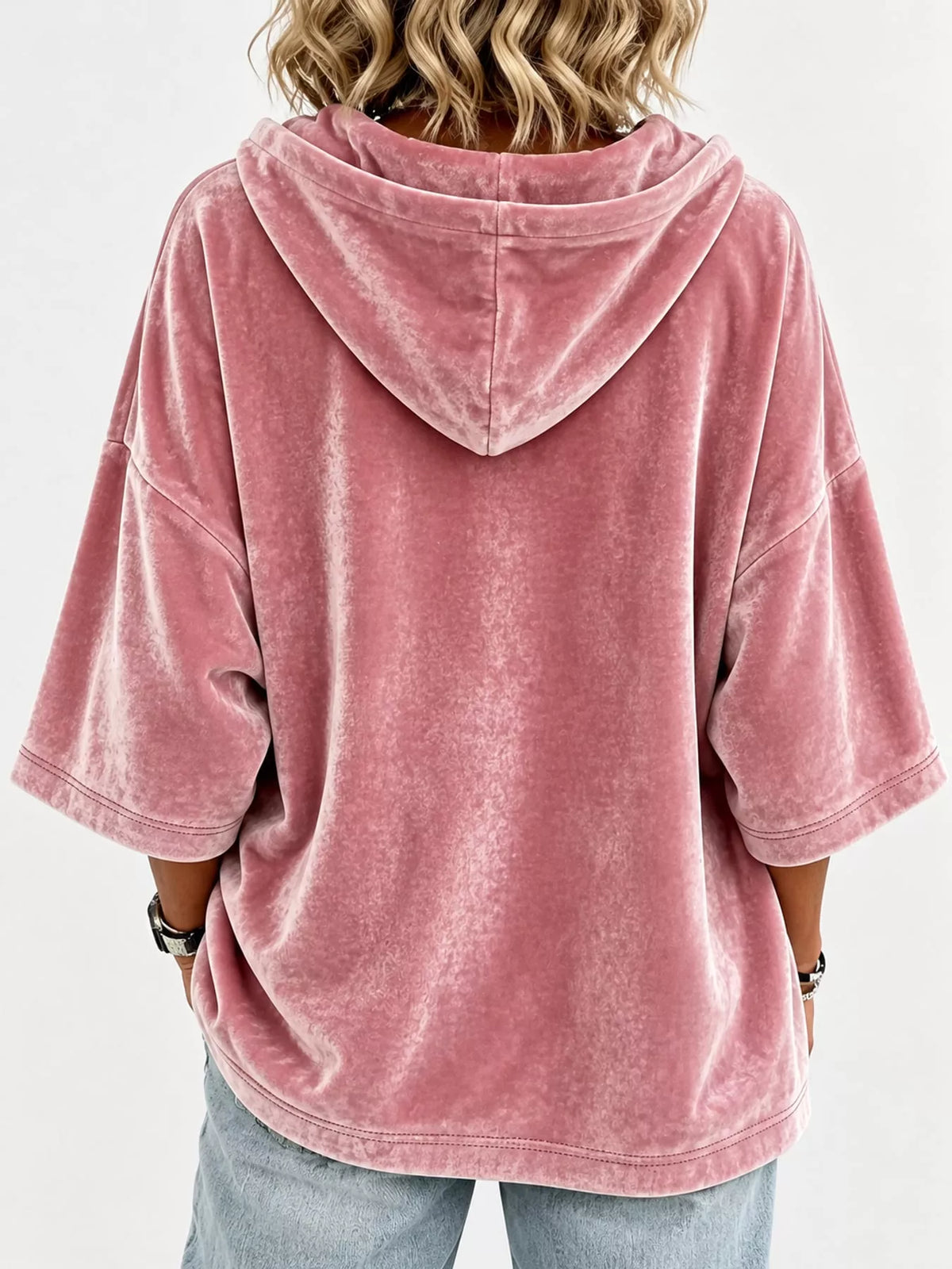 Pink velvet half sleeve hoodie with drawstring, back view