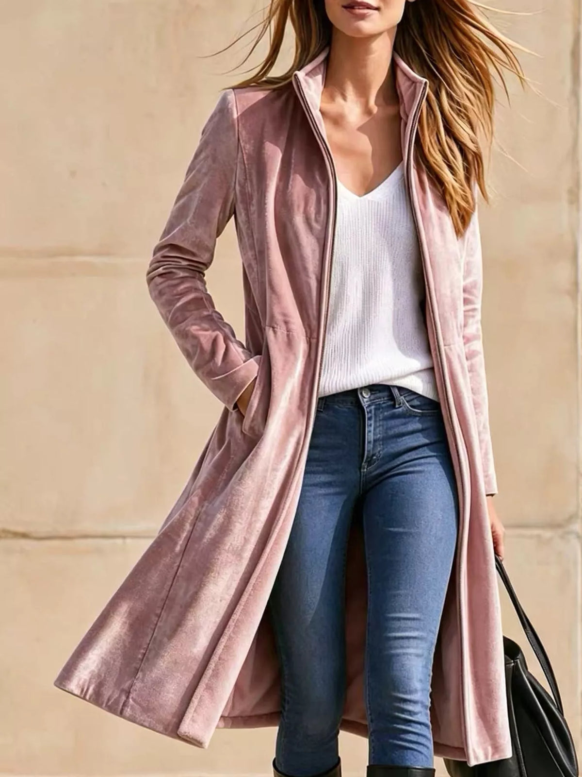 Pink velvet zip-up longline jacket