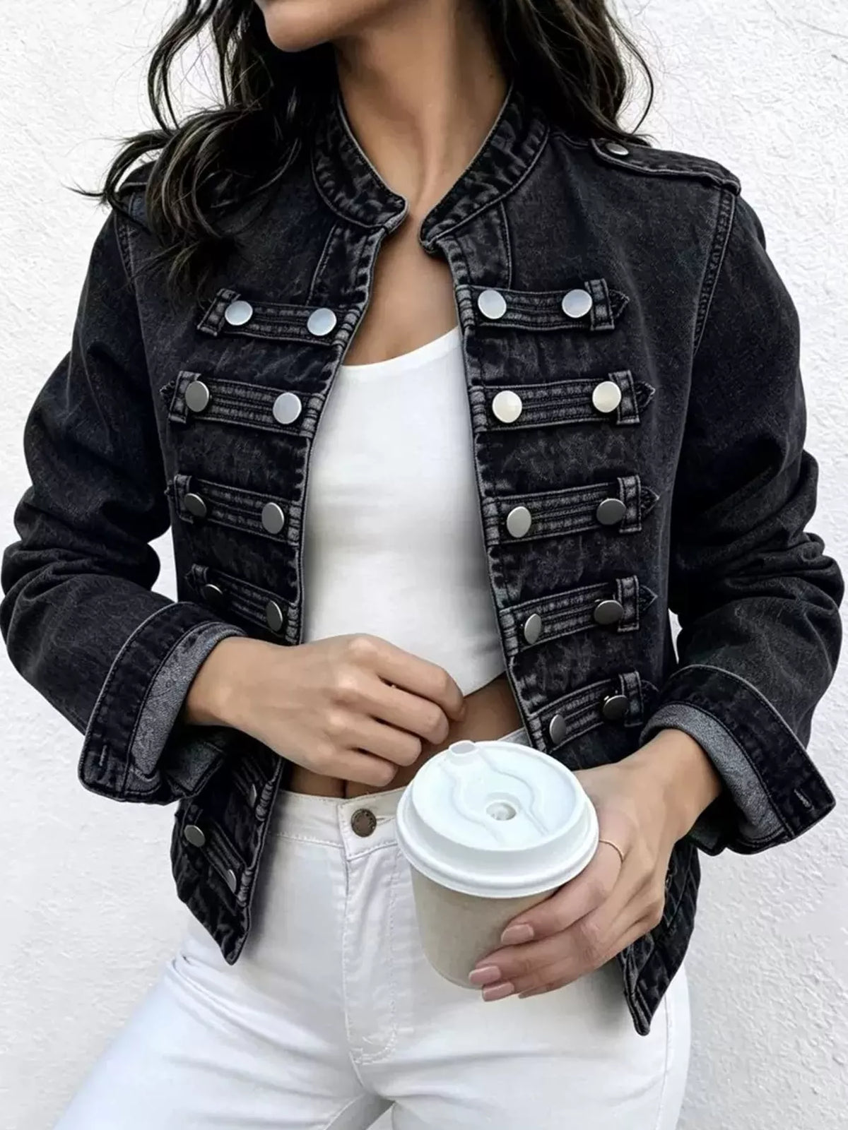 Decorative Button Cropped Denim Jacket — front view