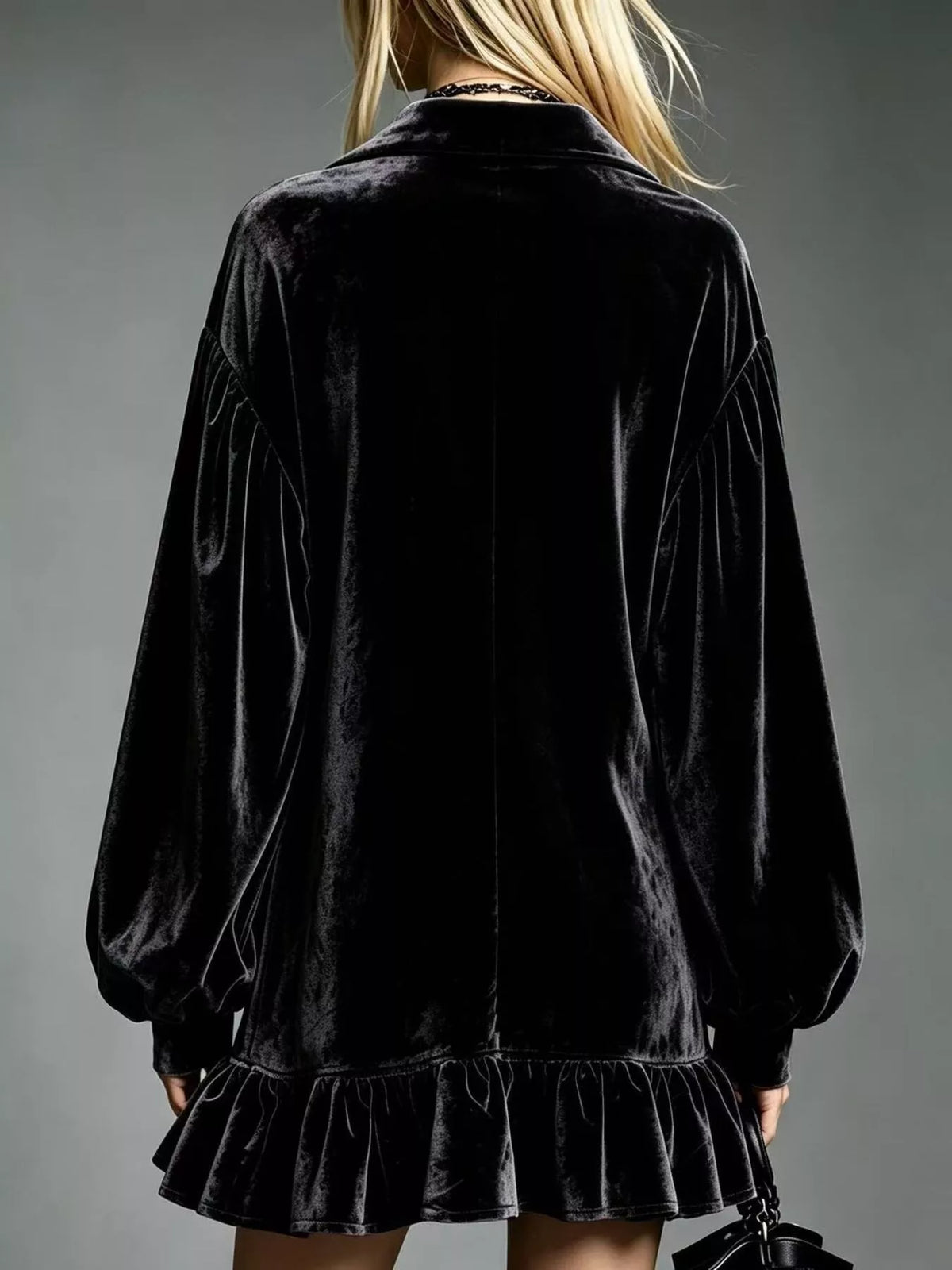 Black Velvet Long Sleeve Ruffle-Hem Mini Dress back view