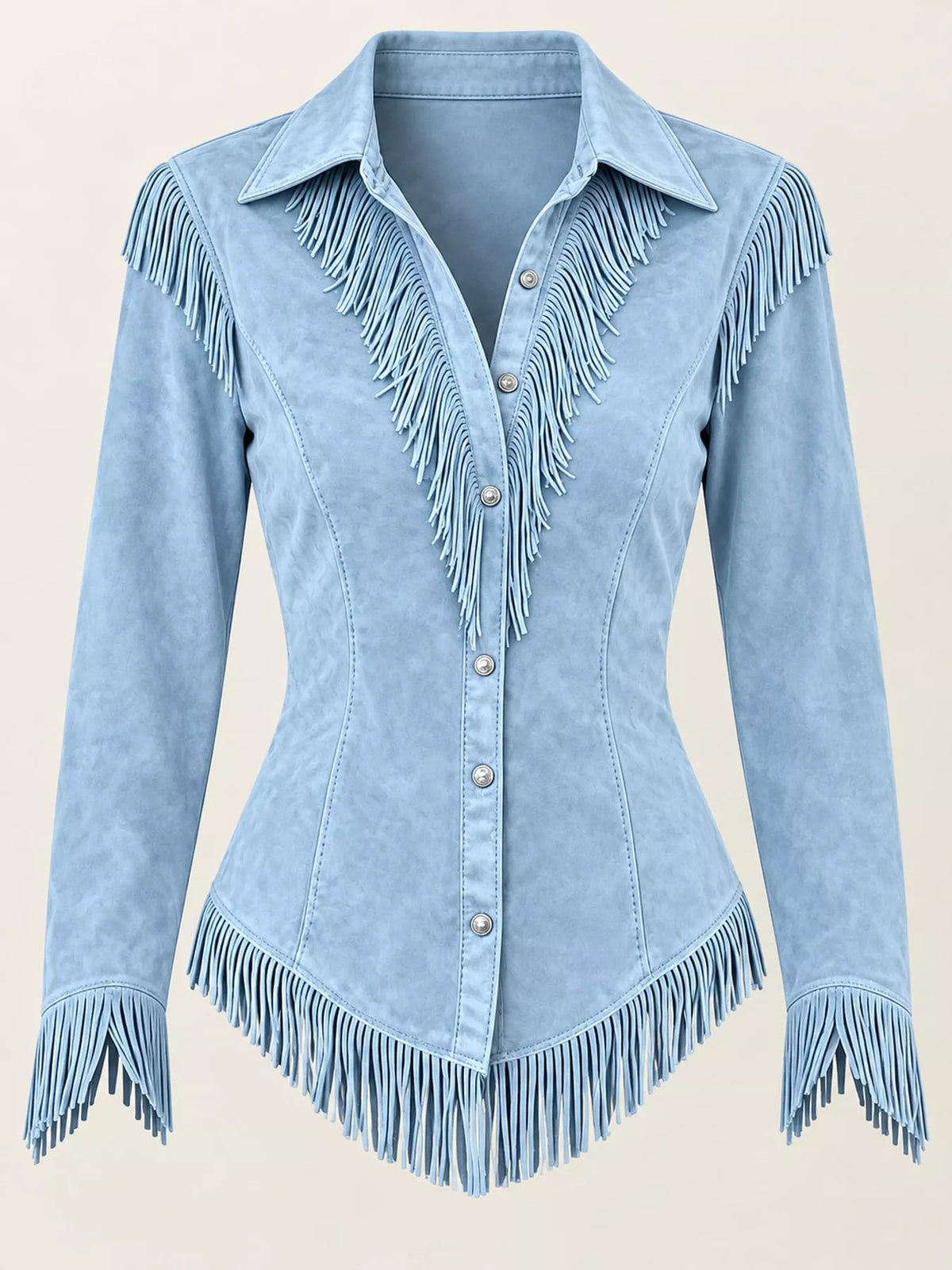 Fringe-detail shirt, blue hanging front