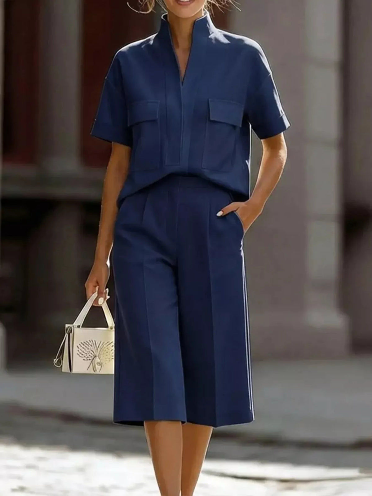 Navy Blue short sleeve shirt and capris set