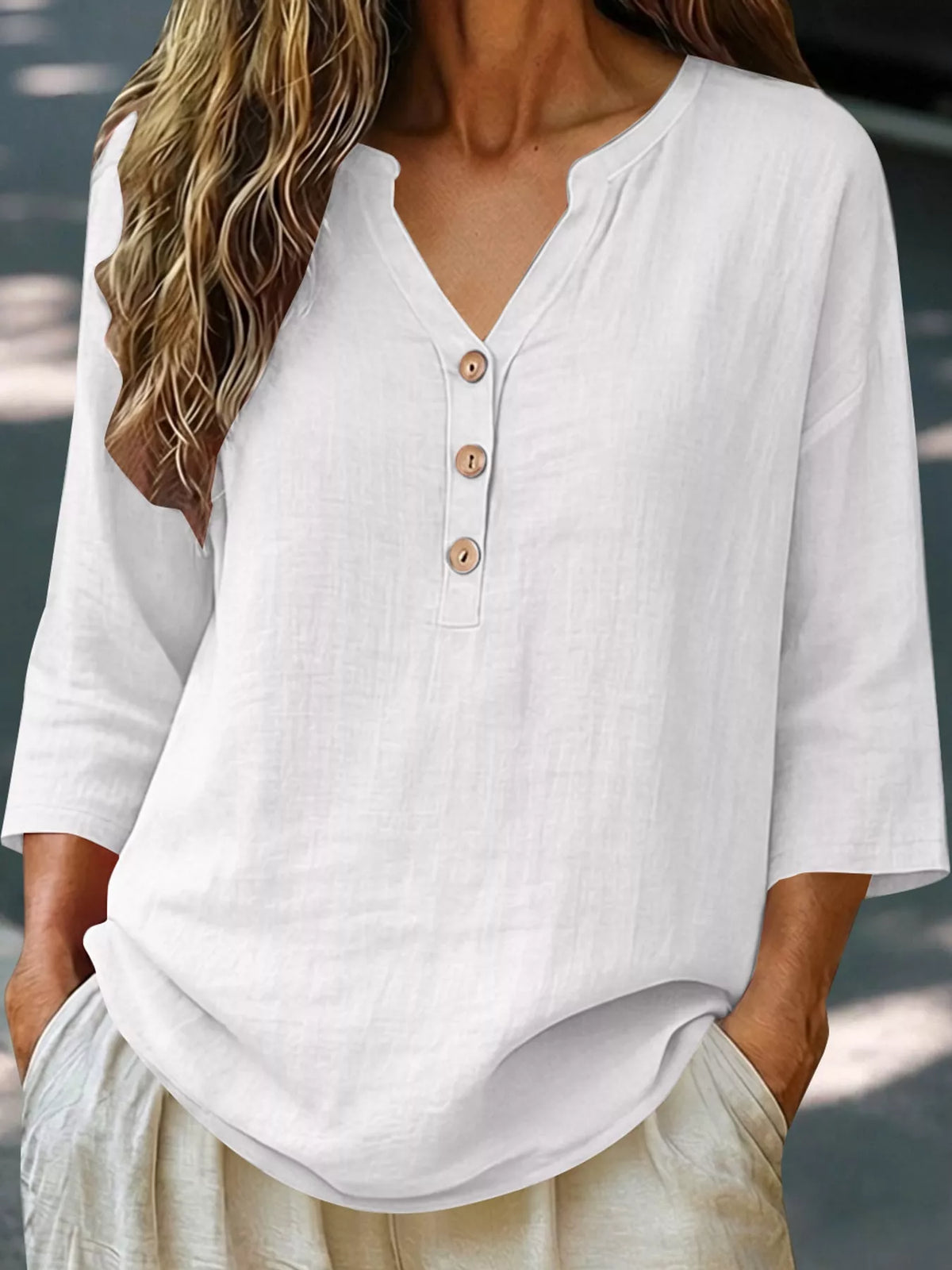 Button Notched 3/4 Sleeve Blouse in white, front view