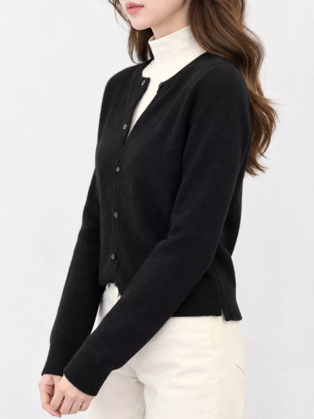 Women's Crew Neck Button-Down Knit Cardigan in black — side view