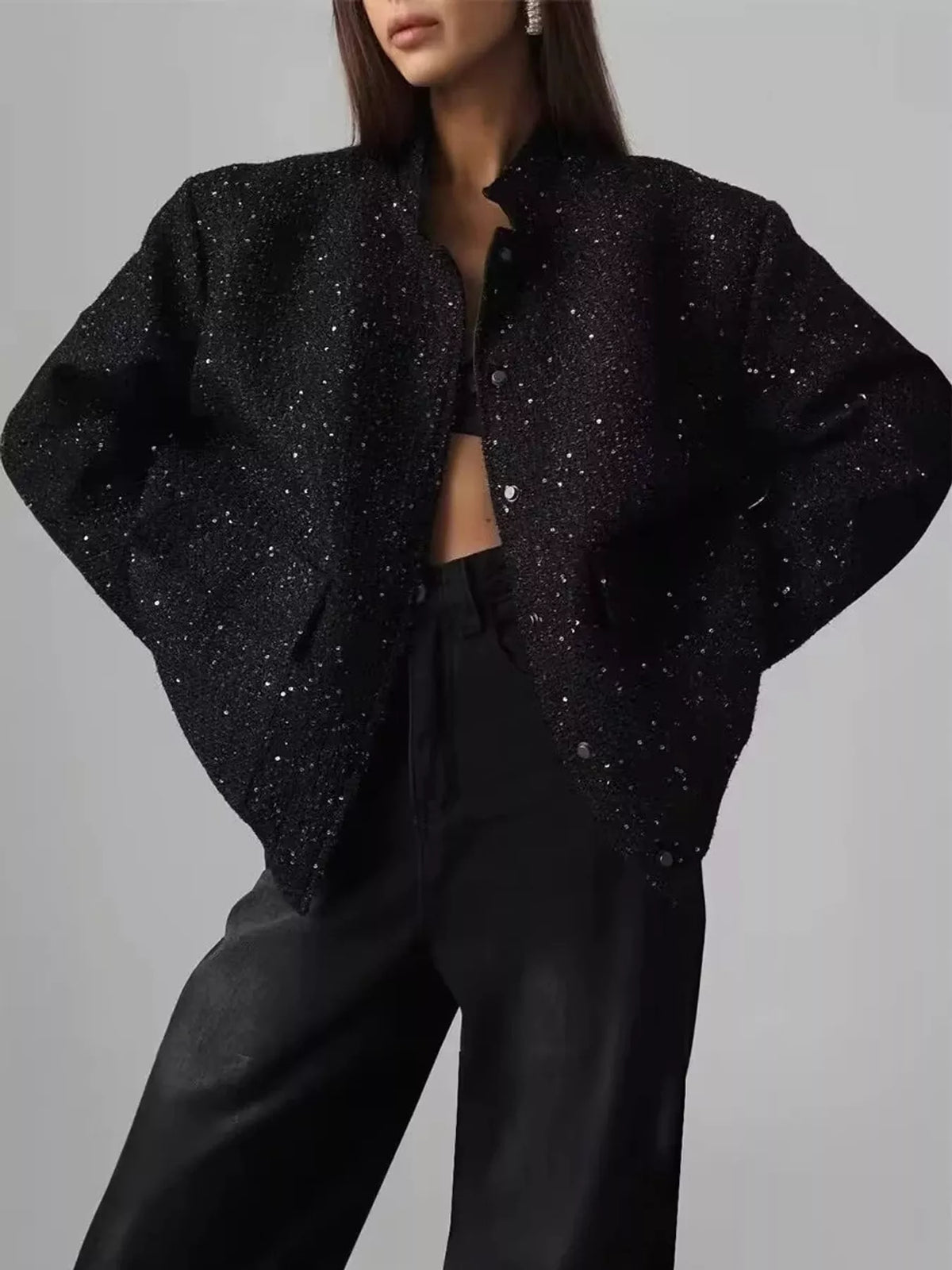 Black tweed bomber jacket with front pockets