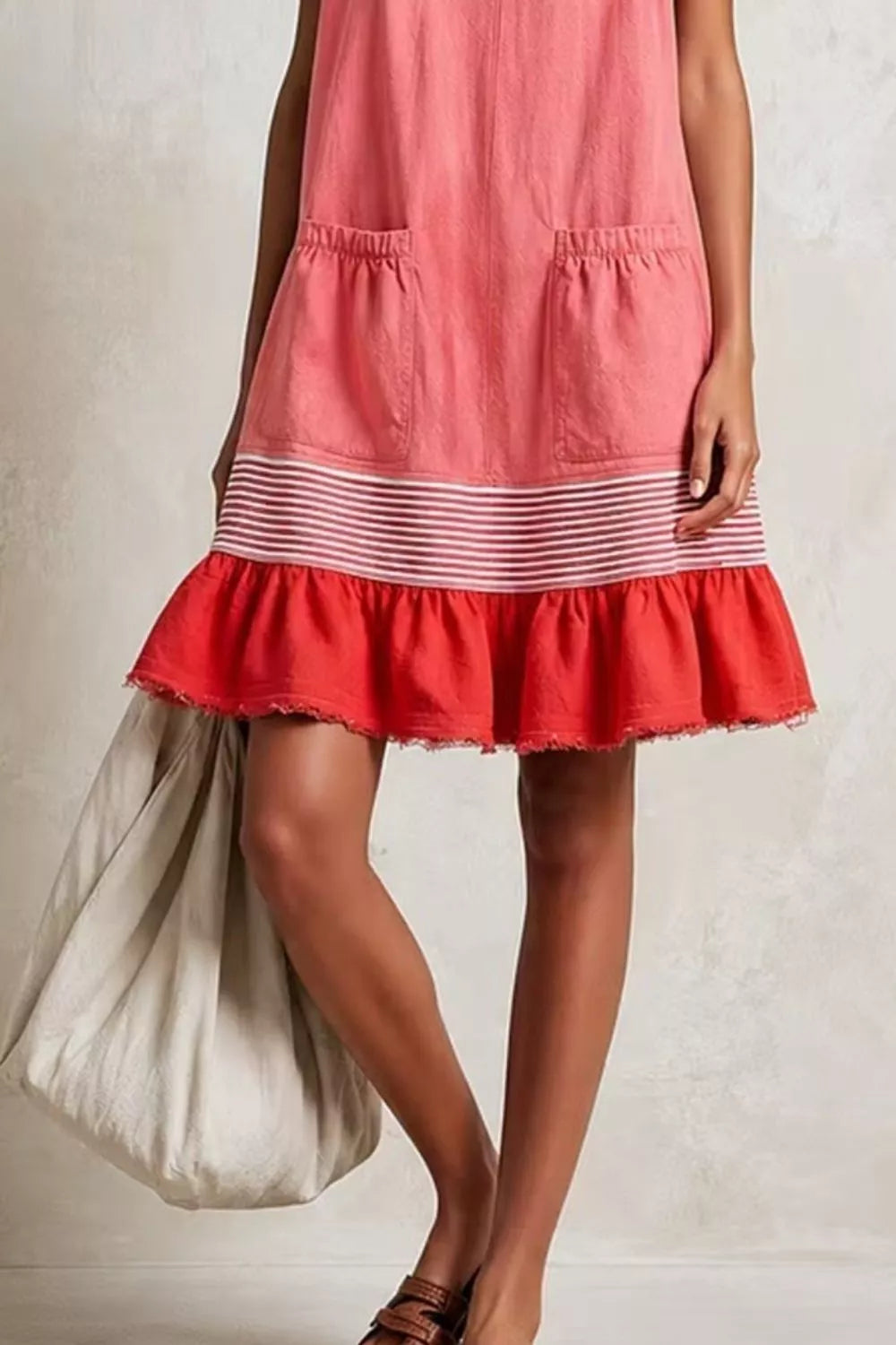 Pink and red ruffled-hem sleeveless dress, pocket and hem detail