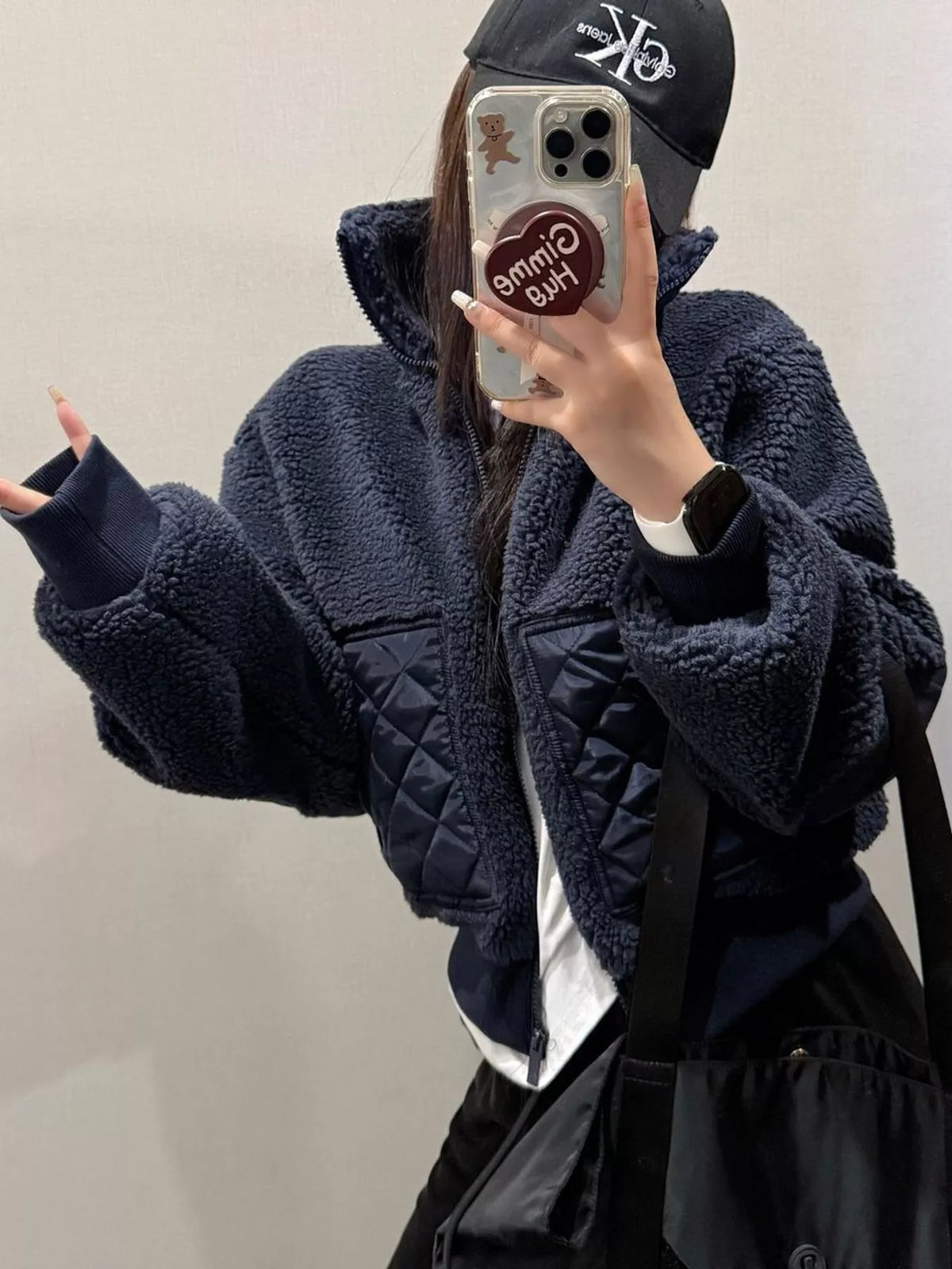 Navy sherpa quilted zip up jacket