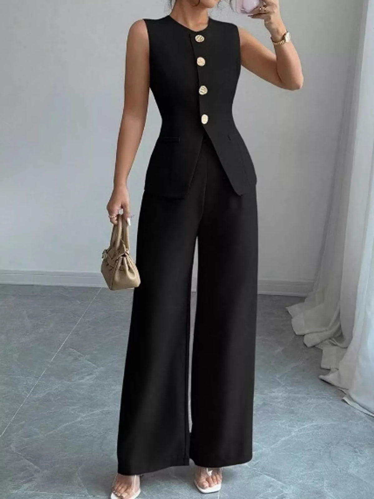 Button-Down Vest and Wide-Leg Pants Set in black