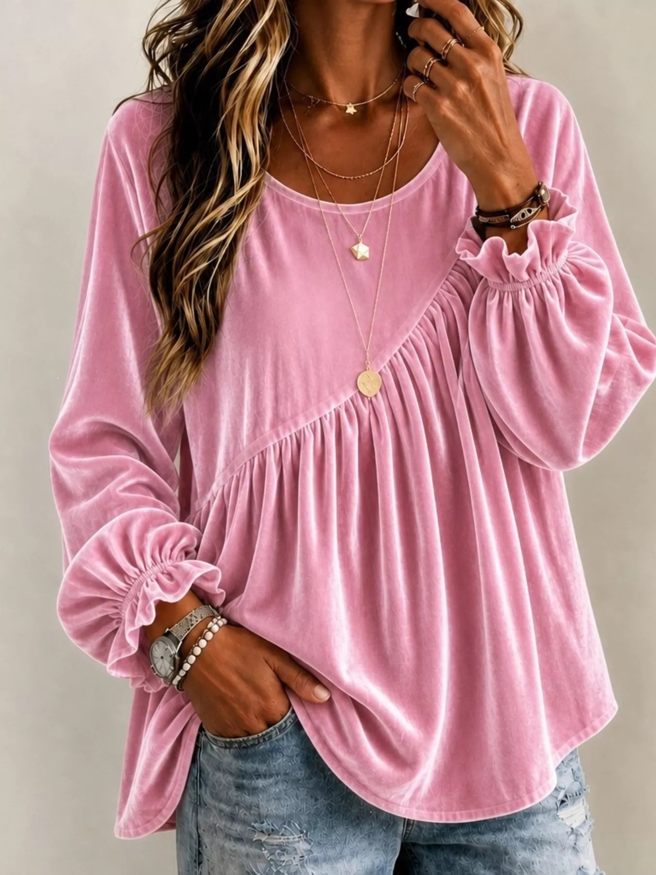 Trendsi Full Size Velvet Round Neck Long Sleeve Blouse Plus Size -