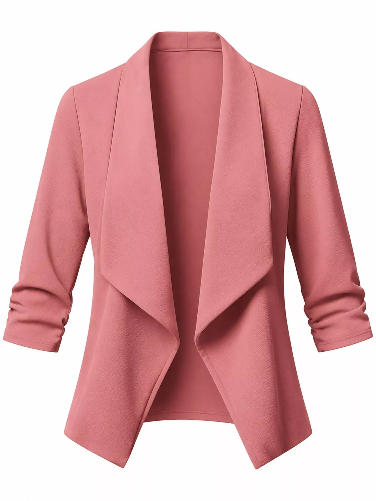 Pink open-front blazer with ruched 3/4 sleeves