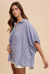 Trendsi Annie Wear Striped Button Up Half Sleeve Shirt -