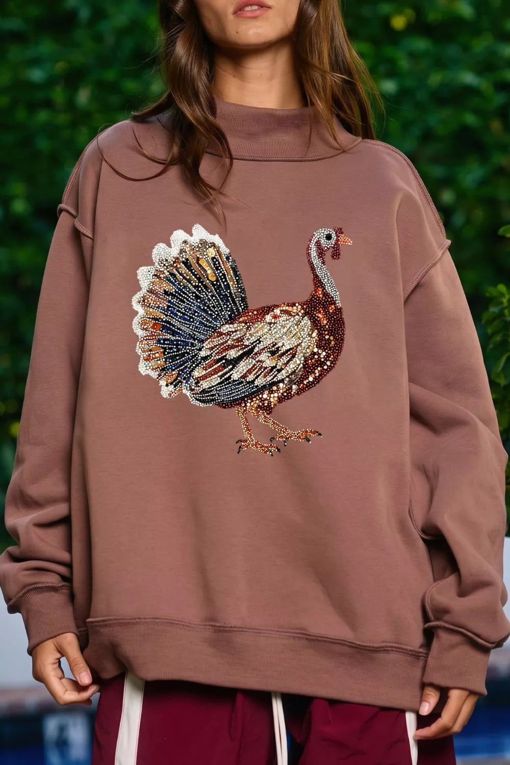 Brown thanksgiving turkey high neck graphic sweatshirt — front view