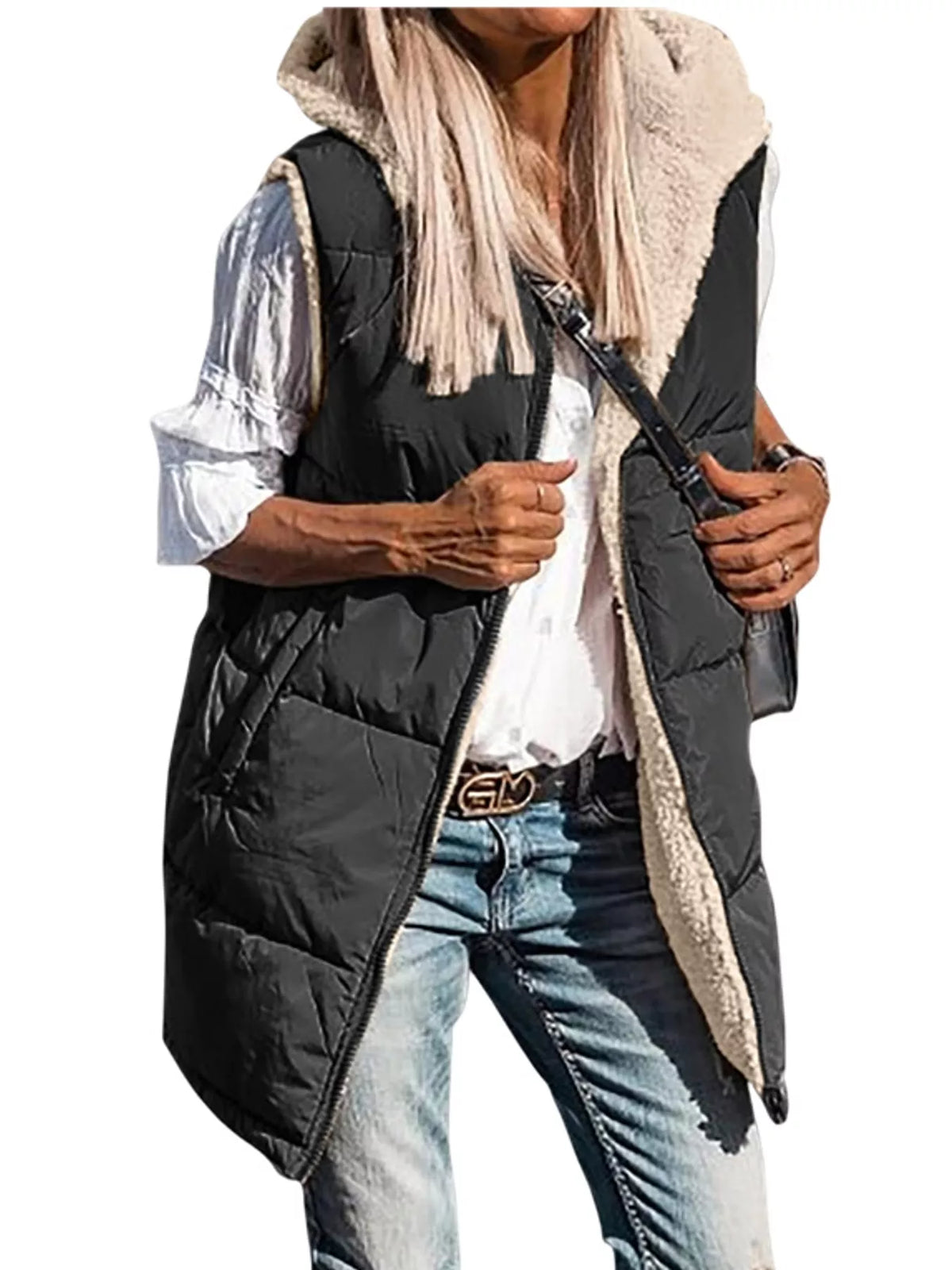 Black hooded sherpa-lined puffer vest