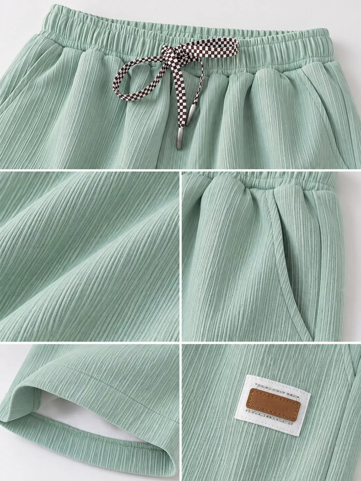 Women's Textured Drawstring Casual Shorts in mint — detail collage view