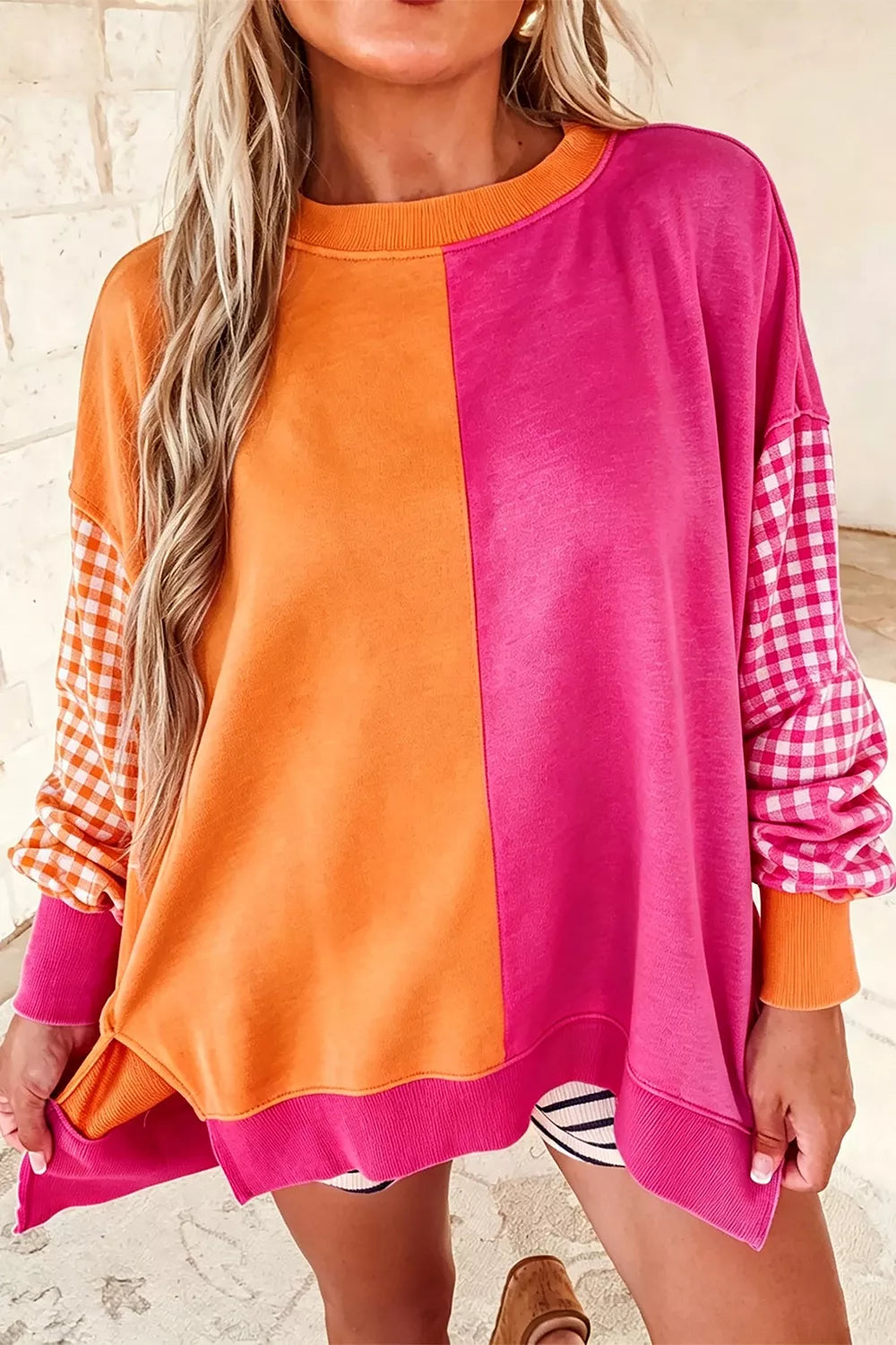Trendsi Colorblock Gingham Sleeve Crewneck Sweatshirt -