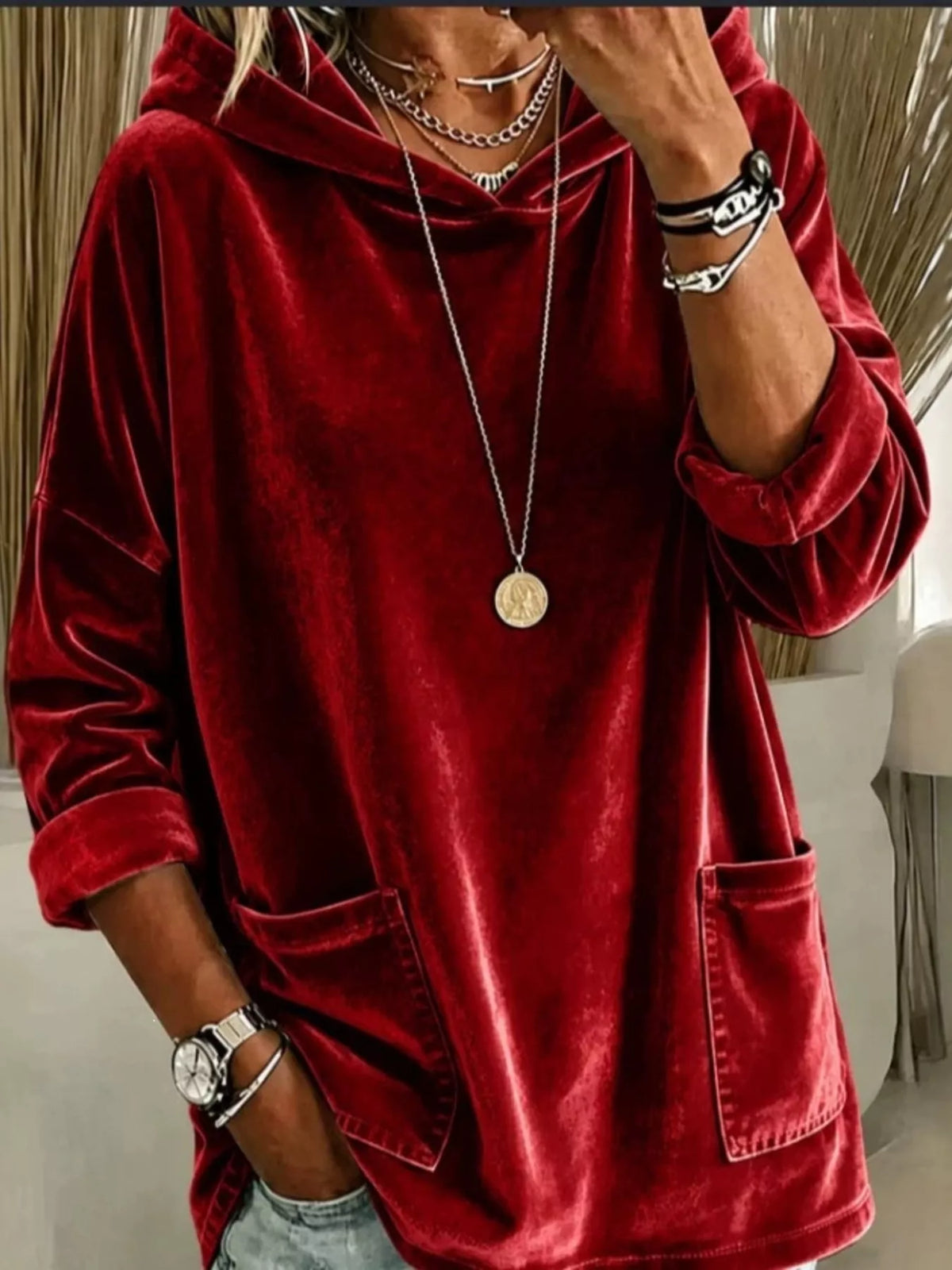 Women's Velvet Front Pockets Hoodie in Burgundy, front view