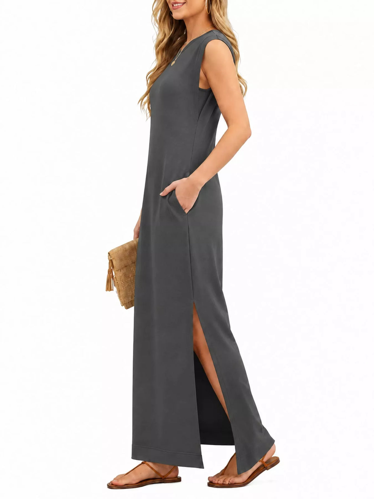 Round neck sleeveless maxi dress, side view
