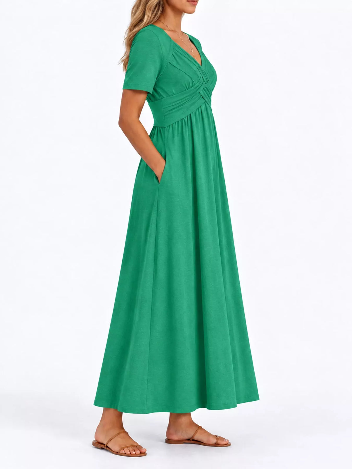 Green crisscross short sleeve midi dress, side view