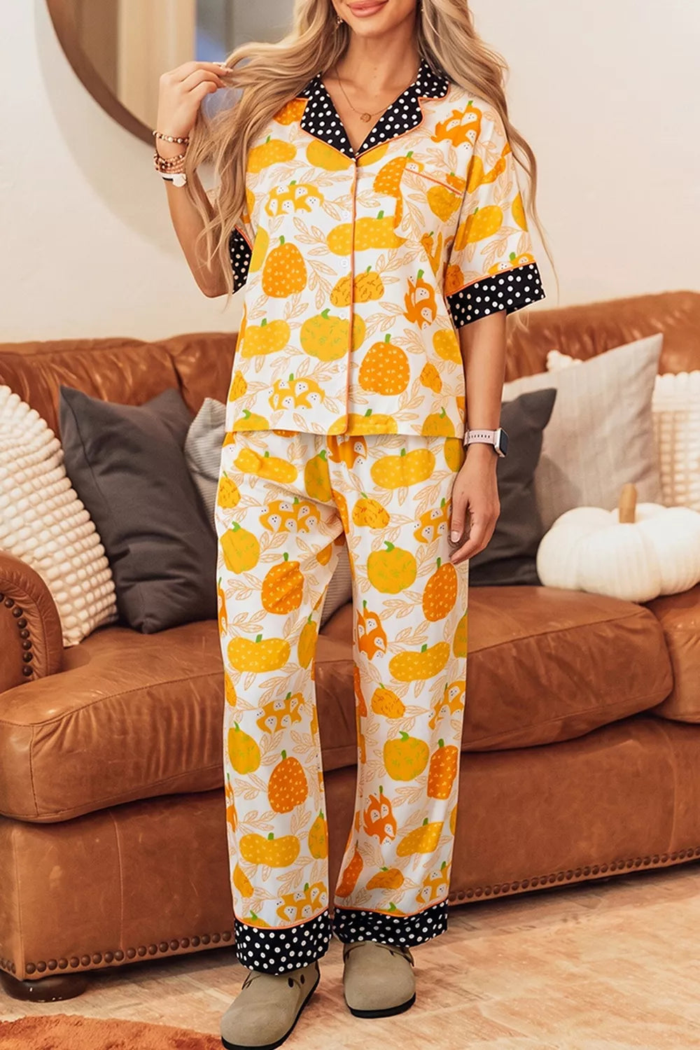 Trendsi Short Sleeve Pumpkin Print Polka Dot Trim Pocket Placket Lounge Set -