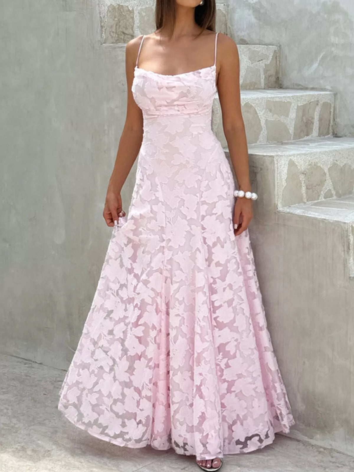 Cowl neck spaghetti-strap maxi dress, front view on model