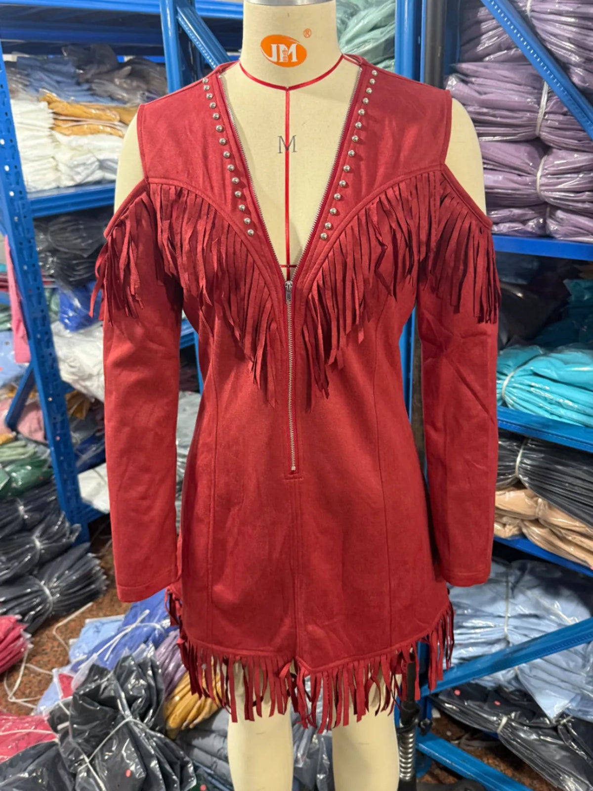 Fringed cold-shoulder dress, red mannequin front