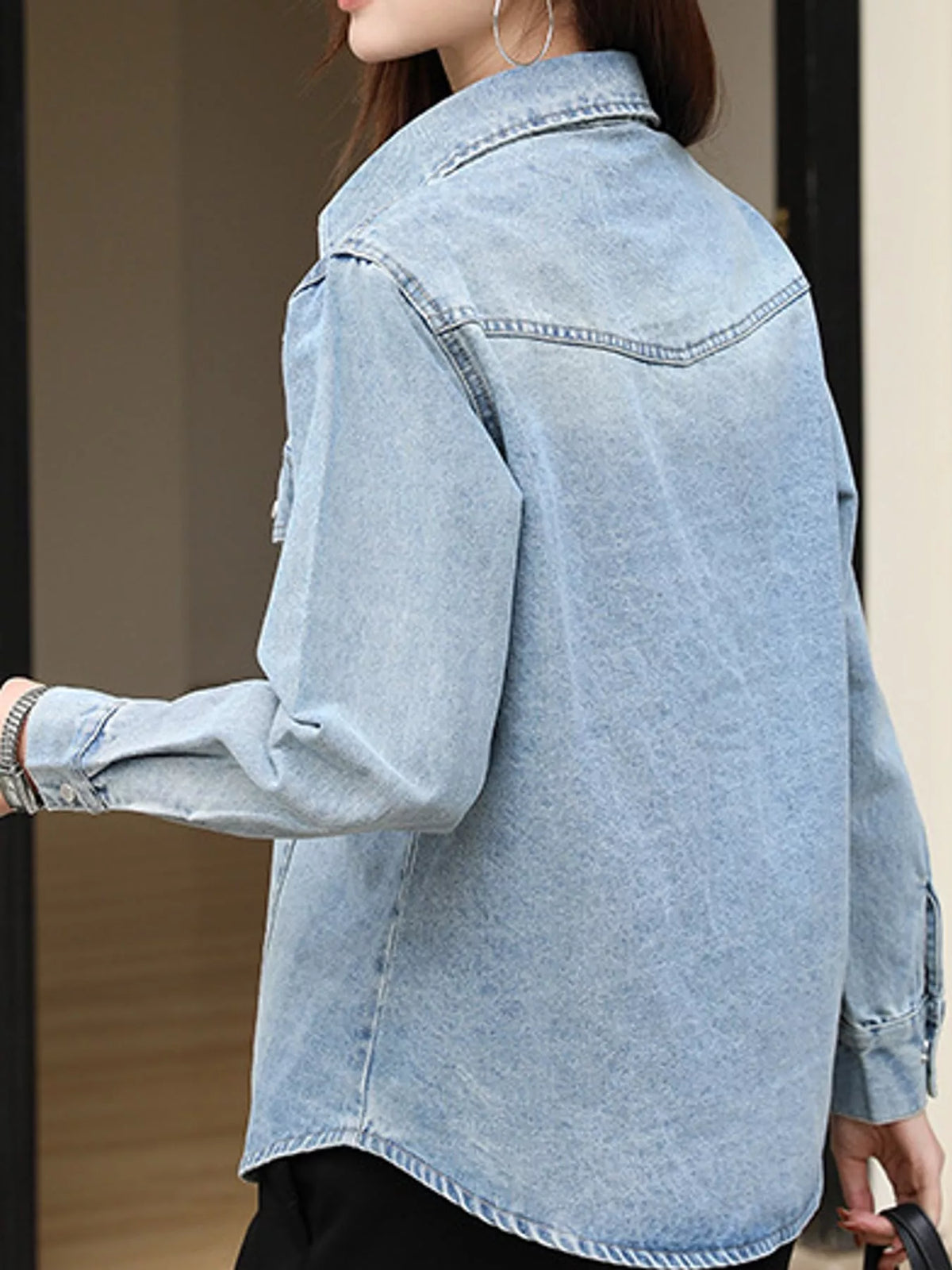 Snap Down Cropped Denim Shacket, back view in blue