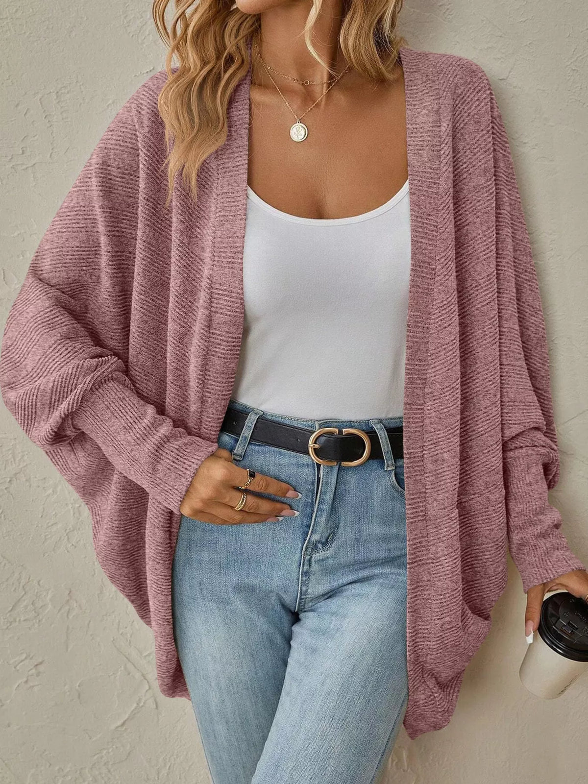 Dusty pink open-front batwing sleeve ribbed cardigan